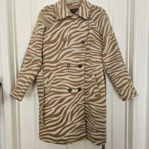 Ann Taylor  Zebra Print Belted Trench Coat Size M Petite Women's Color Beige